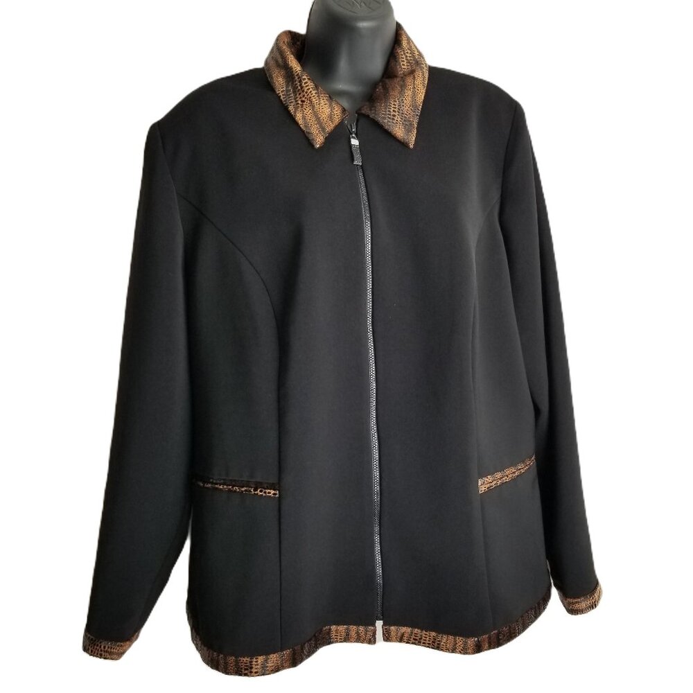 Jessica Howard Womens 16W Black Zip Front Blazer Faux Snakeskin Animal Print